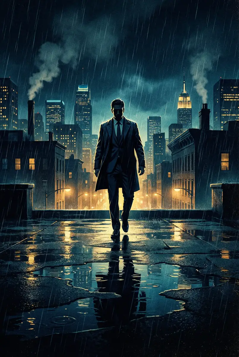 家常菜电视剧全集在线观看 出品影片《雨夜独行者》海报，雨中城市屋顶男性剪影